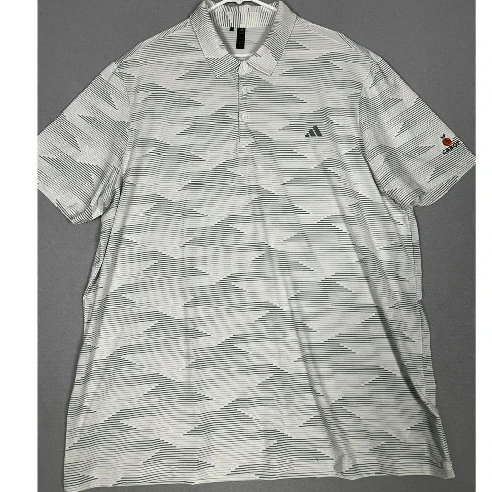 Adidas Polo Shirt Mens 2XL White Green Geometric Line Golf Performance Rugby
